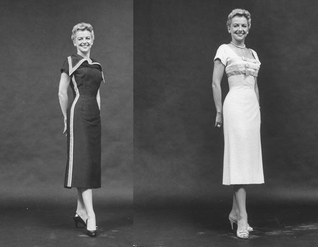 "Westinghouse TV commercial star Betty Furness clad in capped-sleeved, white, form-fitting dress w. a square neckline & bodice embellished w. 3 ribbons w. bows on this knee-length fashion; one of 28 new outfits for her CBS-TV ads: NYC," 1956.